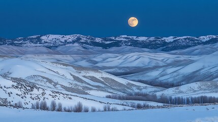 Stunning Wide Shot: Moonlit Winter Mountains. AI Generated