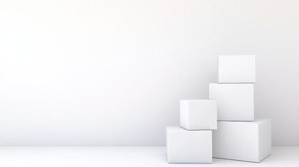 A minimalist arrangement of white stacked boxes against a clean, light backdrop, evoking a sense of simplicity and modern design.