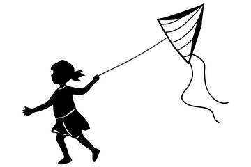 Obraz premium A child flying a kite flat vector design silhouette illustration on white background 06