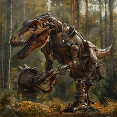 Fototapeta premium A robotic dinosaur with a rusty, steampunk aesthetic stands in a forest, holding a large saw.