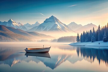Obraz premium Frozen lake, solitary boat, mountain's snowy peak; winter's quiet beauty.