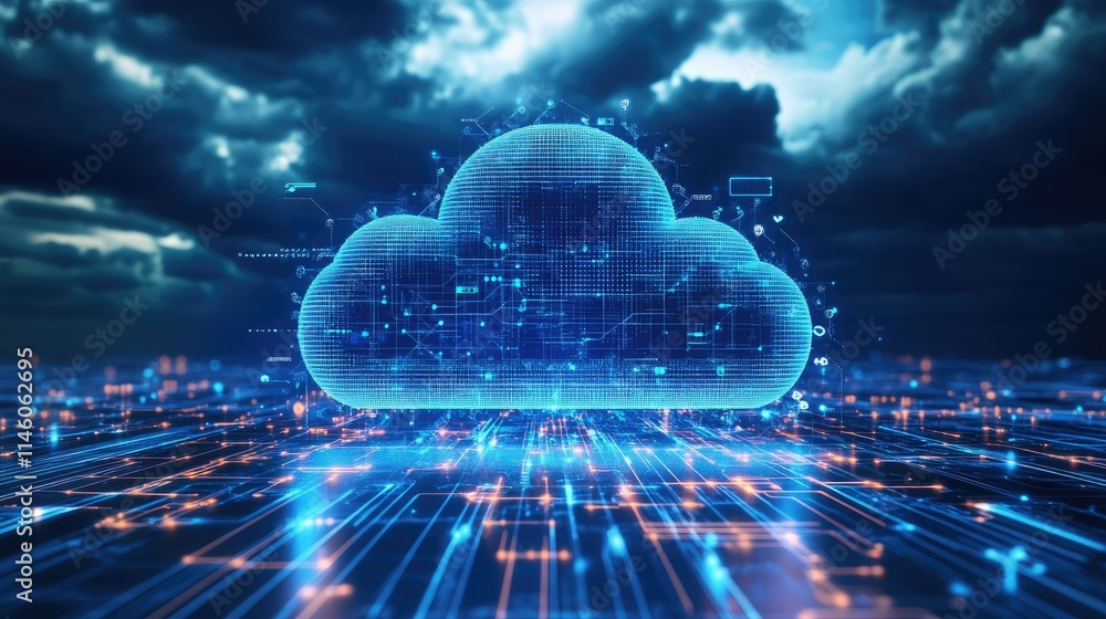 Poster digital cloud computing concept with neon glowing effects and abstract data flow in dark sky, repres