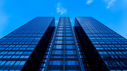 Obraz premium Low Angle View of City Skyscrapers with Blue Sky and Lens Flare in Modern Business Center, city skyline, blue sky background, skyscraper view, business buildings, business cityscape, glass buildings