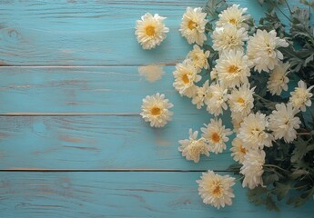 Elegant White Chrysanthemums on Turquoise Wooden Background for Floral Design, Wedding Decor, or Nature-Themed Projects Capturing Natural Beauty and Serenity
