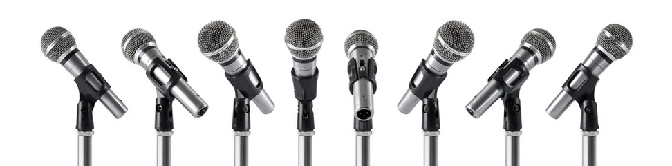 Views of metallic microphone with stand and clip isolated white