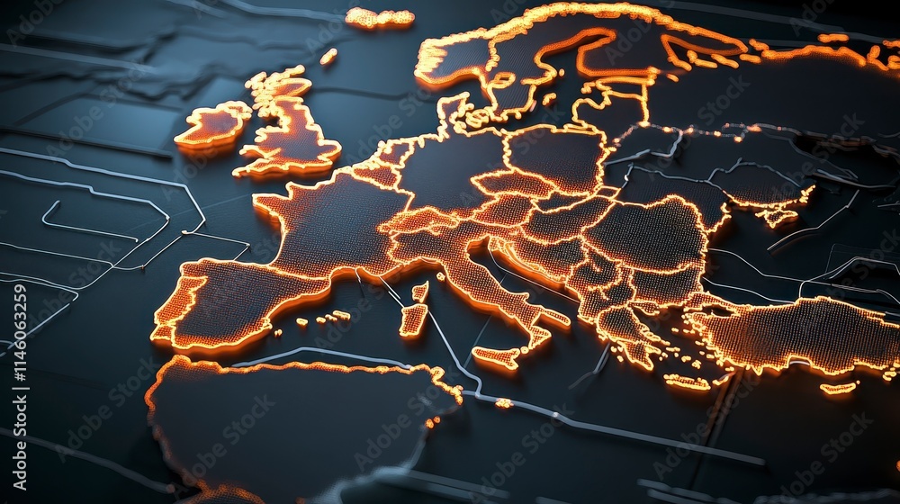Poster a glowing map of europe rendered in a futuristic style, highlighting geographical boundaries with ne