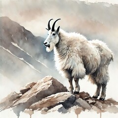 Mountain goat on rocky cliff in soft watercolor tones