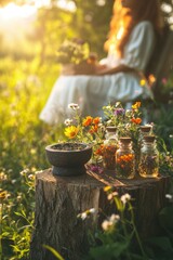 Medicinal herbs and extracts in the meadow. Selective focus.