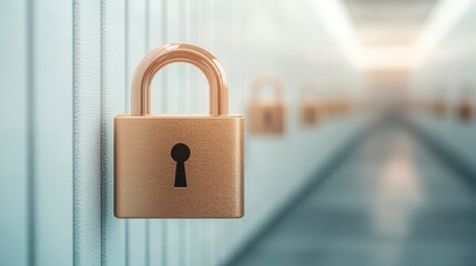 Fototapeta premium A close-up of a golden padlock hanging on a locker in a blurred hallway, symbolizing security and protection.