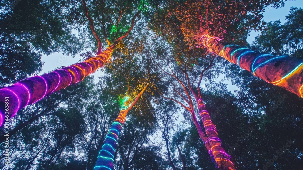 Poster vibrant night view of colorfully illuminated trees in a forest showcasing a mesmerizing display of m