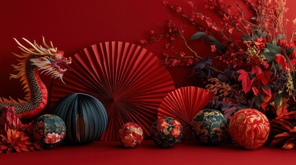 A red background with various Lunar New Year decorations, including embroidered dragons and paper fans.