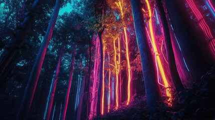Fototapeta premium Surreal Forest Scene with Neon Lights and Vibrant Colors Illuminating Tall Trees at Dusk in a Mystical Landscape
