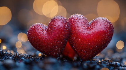 Fototapeta premium Couple of red hearts on snowy ground, perfect for romantic winter scenes and Valentine's Day celebrations