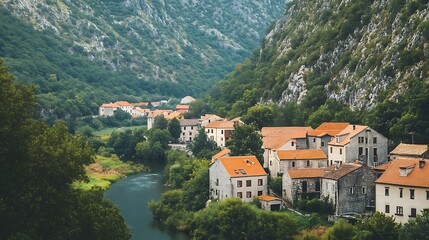 Fototapeta premium Serene Mountain Village Photo: Lush Valley Vista. AI Generated