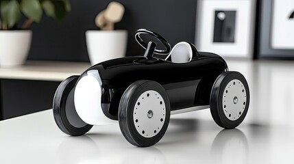 A sleek black and white toy car on a modern table, showcasing design and playfulness.
