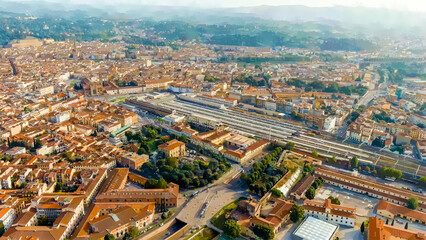 Florence, Italy. Watercolor illustration. Central railway station (Stazione Ferroviaria Firenze Santa Maria Novella) Panoramic view of the city. Summer. Evening, Aerial View