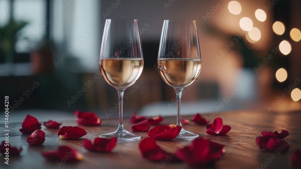 Poster two glasses filled with white wine are positioned on a table adorned with scattered rose petals. the