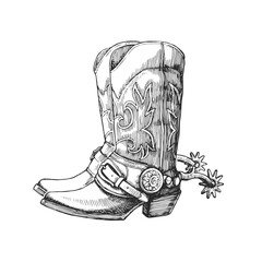 Vector hand-drawn illustration of cowboy boots. American pioneer shoes. Black and white sketch of Wild West symbol. Engraving style.