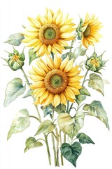 Watercolor Sunflower Bouquet Illustration with Lush Green Leaves and Buds on a White Background for Art and Design Projects