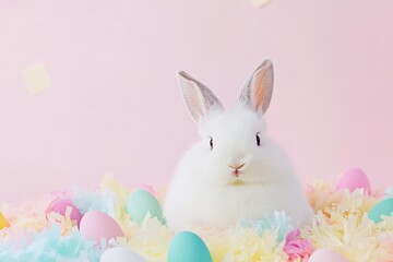 Obraz premium Adorable Easter Bunny with Colorful Eggs and Ribbons on Pastel Background