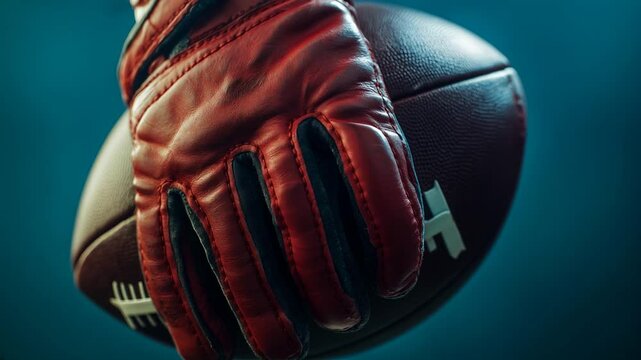 A close-up view shows a football player's gloved hand gripping the ball tightly, showcasing concentration as the game builds in tension and excitement