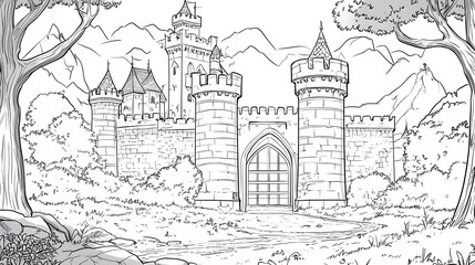 Obraz premium Sketch of a grand castle beautifully nestled among trees, fantasy-inspired illustration. AI Generated