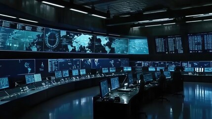 Stylish High-Tech War Room with Real-Time Military Strategy Screens, Detailed Maps, and Encrypted Communication, Embodiment of Strategic Command. 