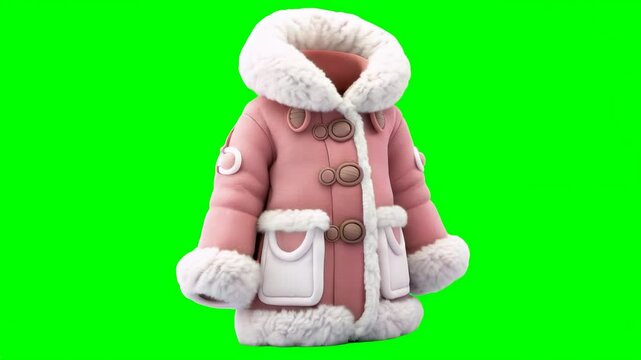 Stylish pink winter coat showcased on a vibrant green screen background