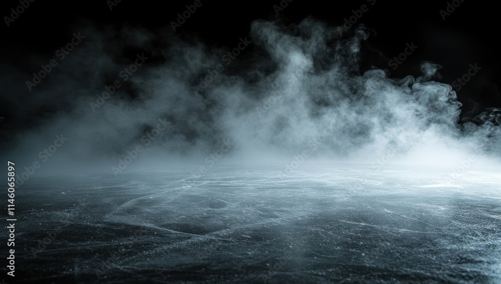 Poster ethereal ice surface enveloped in mysterious mist, creating an atmospheric and dreamlike scene perfe