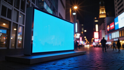 Blank digital billboard on busy city street at night.