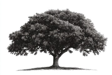 Fototapeta premium Large, solitary tree with full, dark foliage isolated on white background.