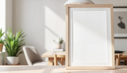 Wooden picture frame on desk in sunlit room.