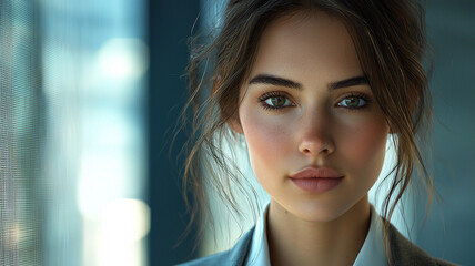 Obraz premium Woman Portrait Face Closeup Green Eyes Brown Hair Casual Modern