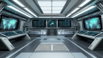 Obraz premium Stylish High-Tech War Room with Real-Time Military Strategy Screens, Detailed Maps, and Encrypted Communication, Embodiment of Strategic Command. 