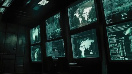 Stylish High-Tech War Room with Real-Time Military Strategy Screens, Detailed Maps, and Encrypted Communication, Embodiment of Strategic Command. 