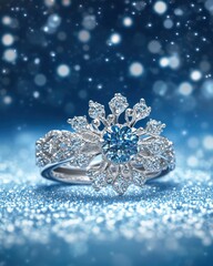 Fototapeta premium Exquisite Silver Blue Gem Snowflake Ring with Sparkling Diamonds on a Shimmering Blue Background, Perfect for Celebrations and Special Occasions