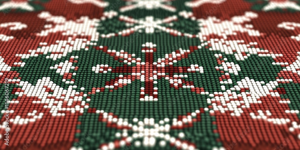 Poster a detailed view of a festive tablecloth with red and green patterns