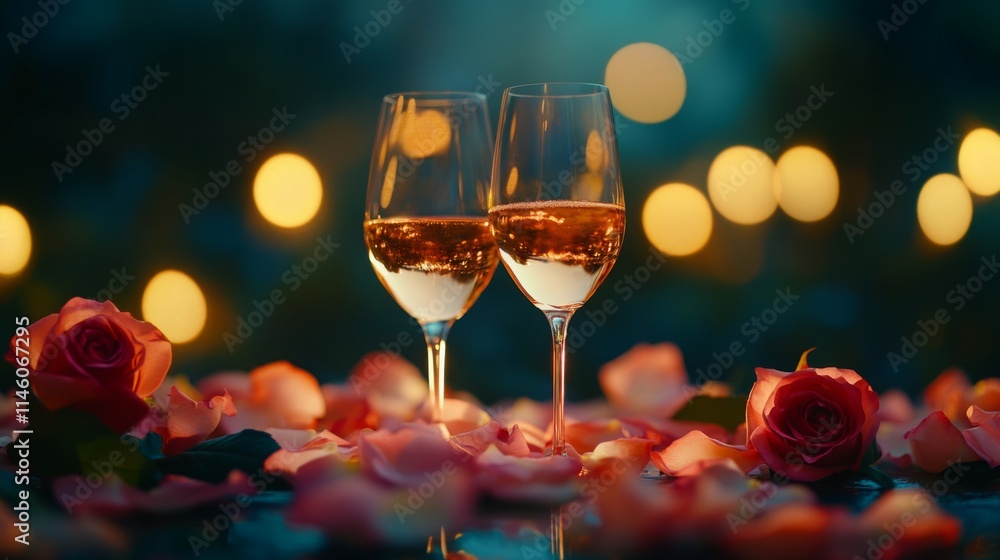 Poster two elegant glasses of sparkling wine sit atop a surface adorned with rose petals, illuminated by so