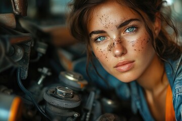 Plakat A young woman with dirt on her face leans against a motorcycle engine, showcasing determination and mechanical aptitude.
