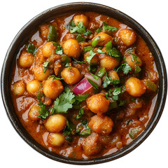 Top view of an extremely perfect looking Chole Pindi in a dark bronze dish isolated on a white transparent background