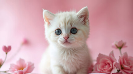 A fluffy white kitten with pink flowers