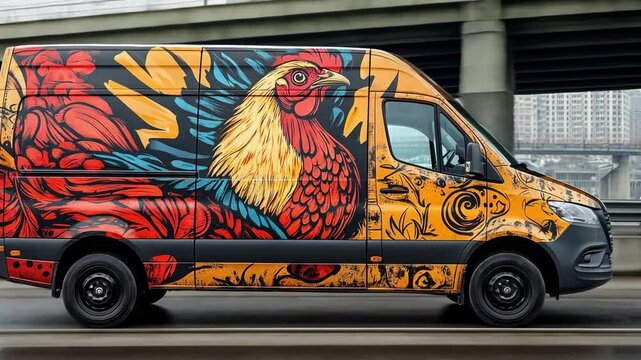 Rooster Van:  A vibrant, custom-painted van with a rooster design on the side. The van is driving on a city street. The rooster is a symbol of good luck and fortune.
