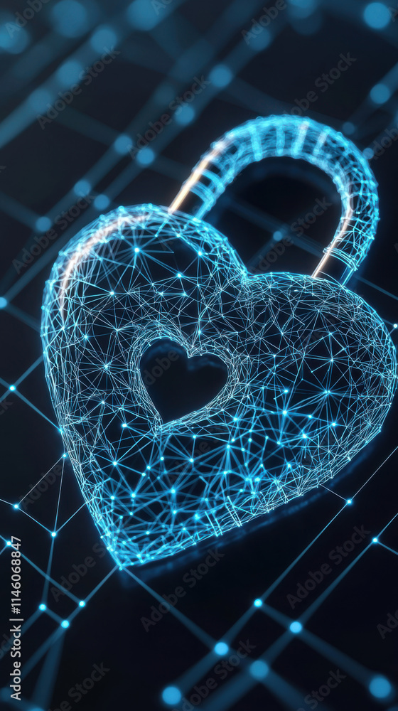 Poster digital heart shaped lock symbolizing love and connection in network
