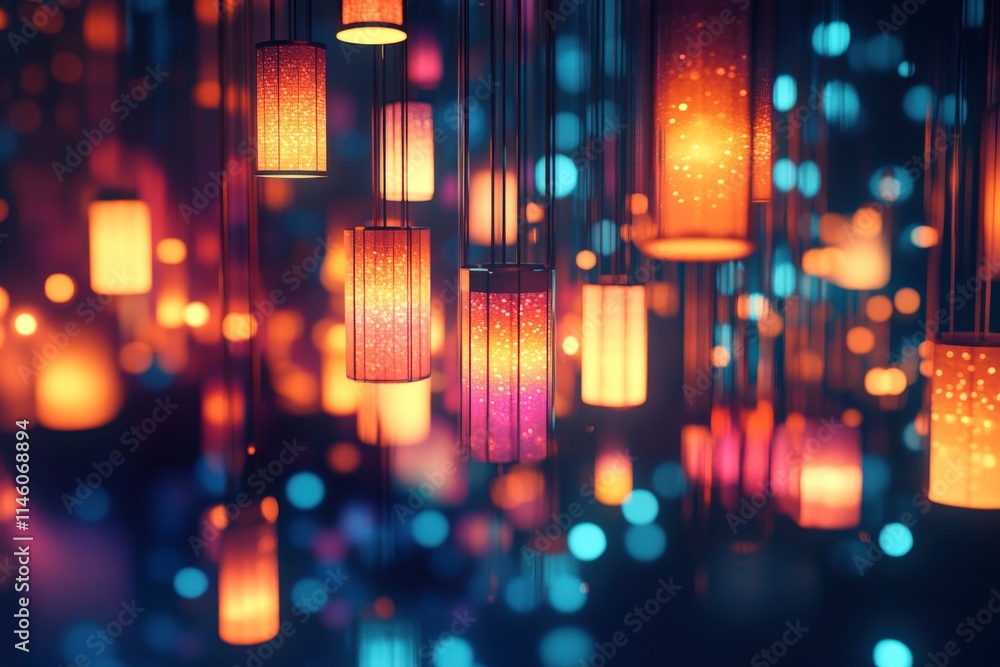 Poster colorful lanterns hanging in a dimly lit environment with soft bokeh background creating a dreamy an