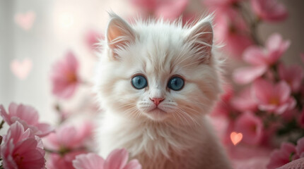 A fluffy white kitten with pink flowers
