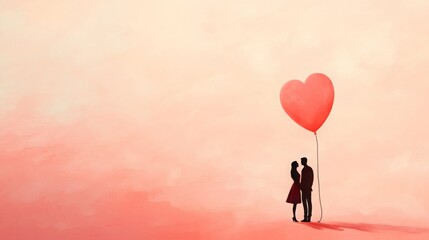 A couple stands closely together, gazing into each other's eyes, while holding a large red heart-shaped balloon. The soft background features shades of pink, enhancing the romantic atmosphere.