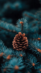 Close-up of a pine cone nestled among lush green needles