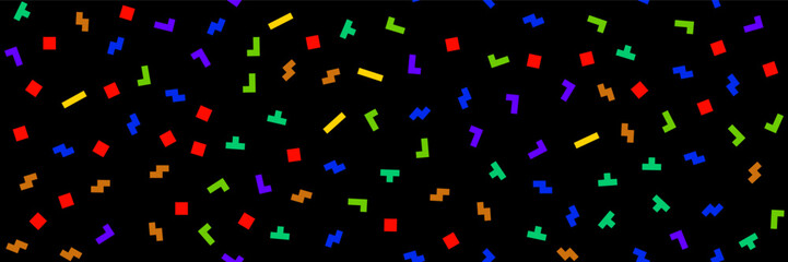 Old-school geek pixel leisure game seamless bg with tetramino shapes. Simple vector kid brick pattern on black background.