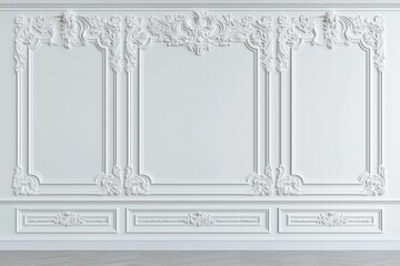 A beautifully ornate white wall featuring intricate moldings and decorative elements. The design includes framed sections and detailed carvings, creating an elegant and classic appearance.