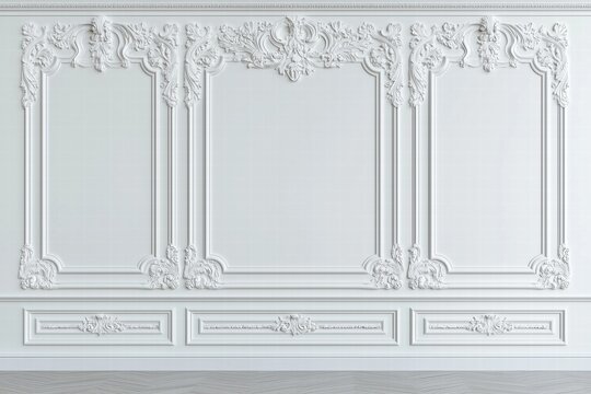 A beautifully ornate white wall featuring intricate moldings and decorative elements. The design includes framed sections and detailed carvings, creating an elegant and classic appearance.